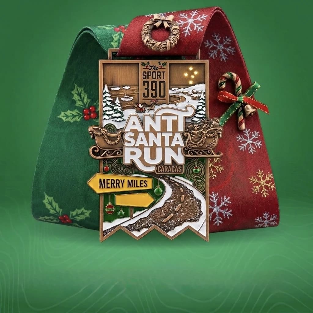 Medalla referencial Anti-Santa Run Caracas con cinta navideña