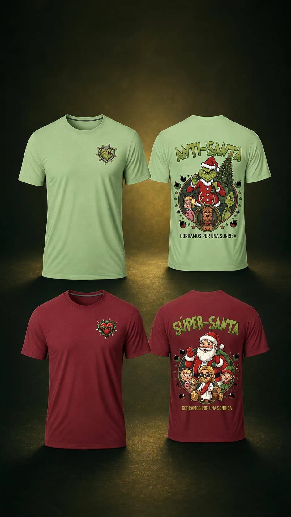 Camisas Anti-Santa y Súper-Santa presentadas juntas en un escenario verde, vinotinto y dorado