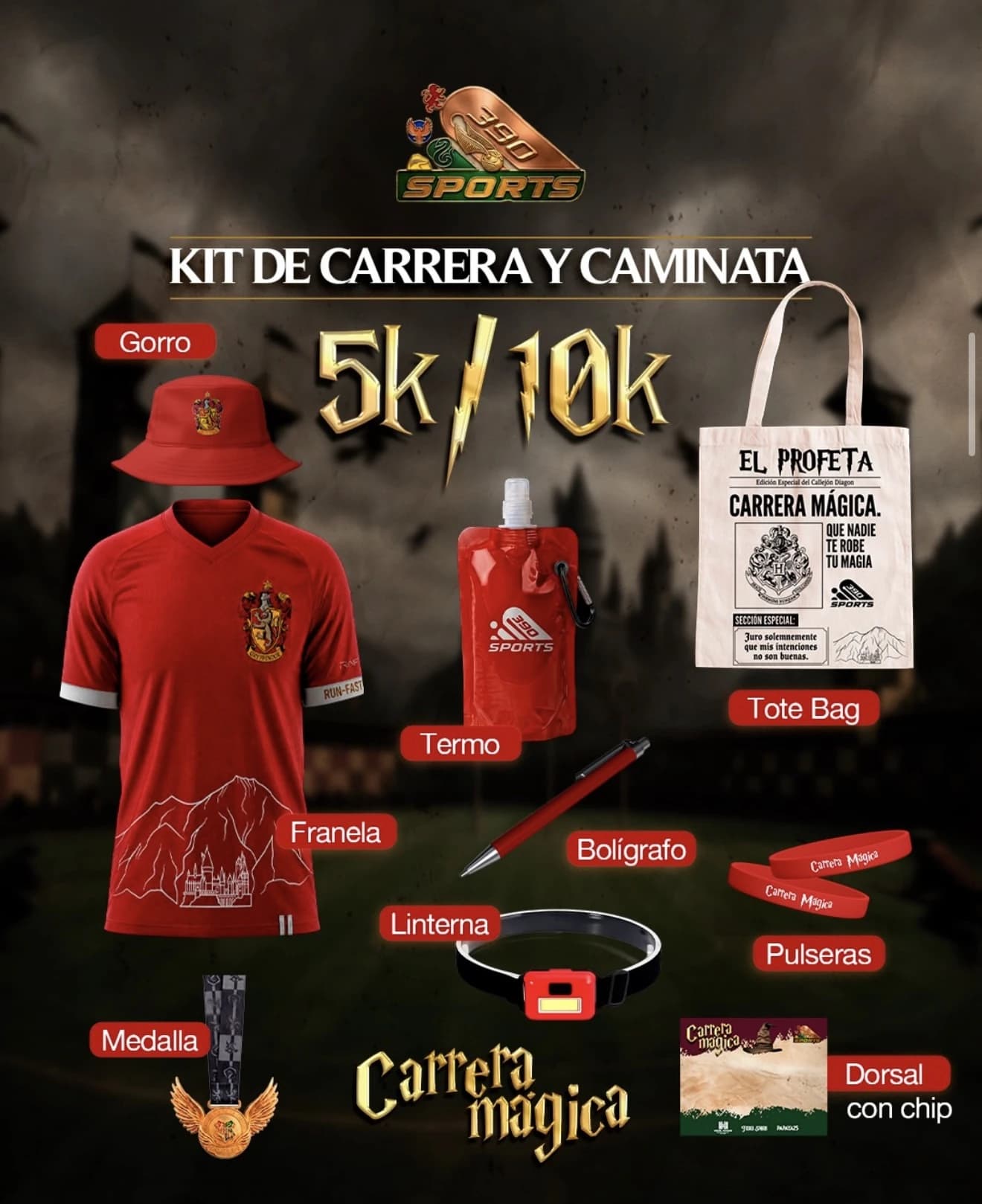 Kit referencial Gryffindor: camisa, sombrero, accesorios, medalla y dorsal