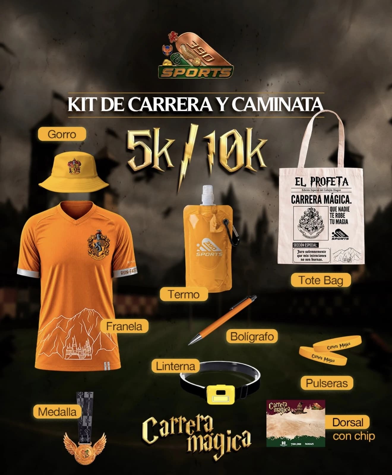 Kit referencial Hufflepuff: camisa, sombrero, accesorios, medalla y dorsal