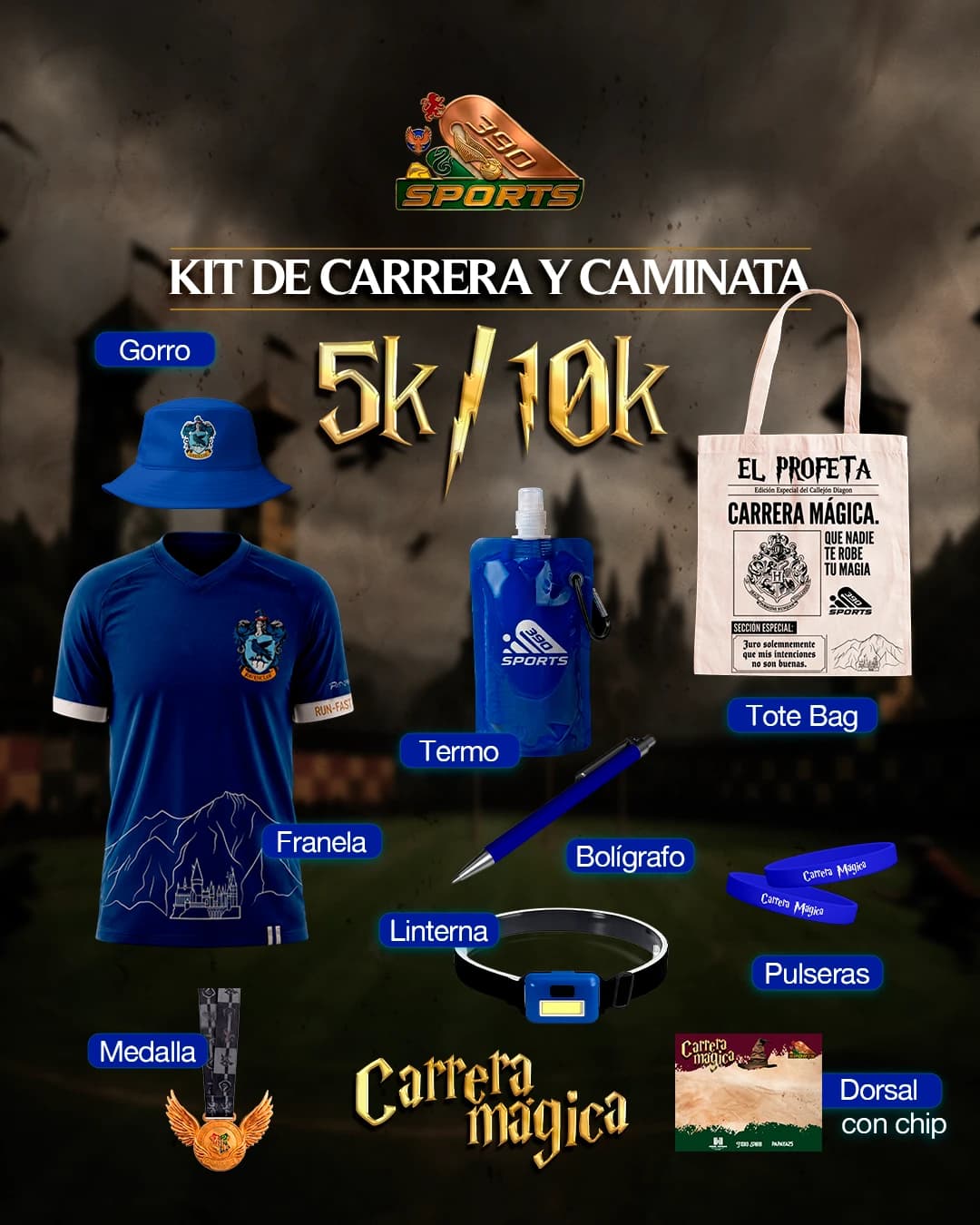 Kit referencial Ravenclaw: camisa, sombrero, accesorios, medalla y dorsal