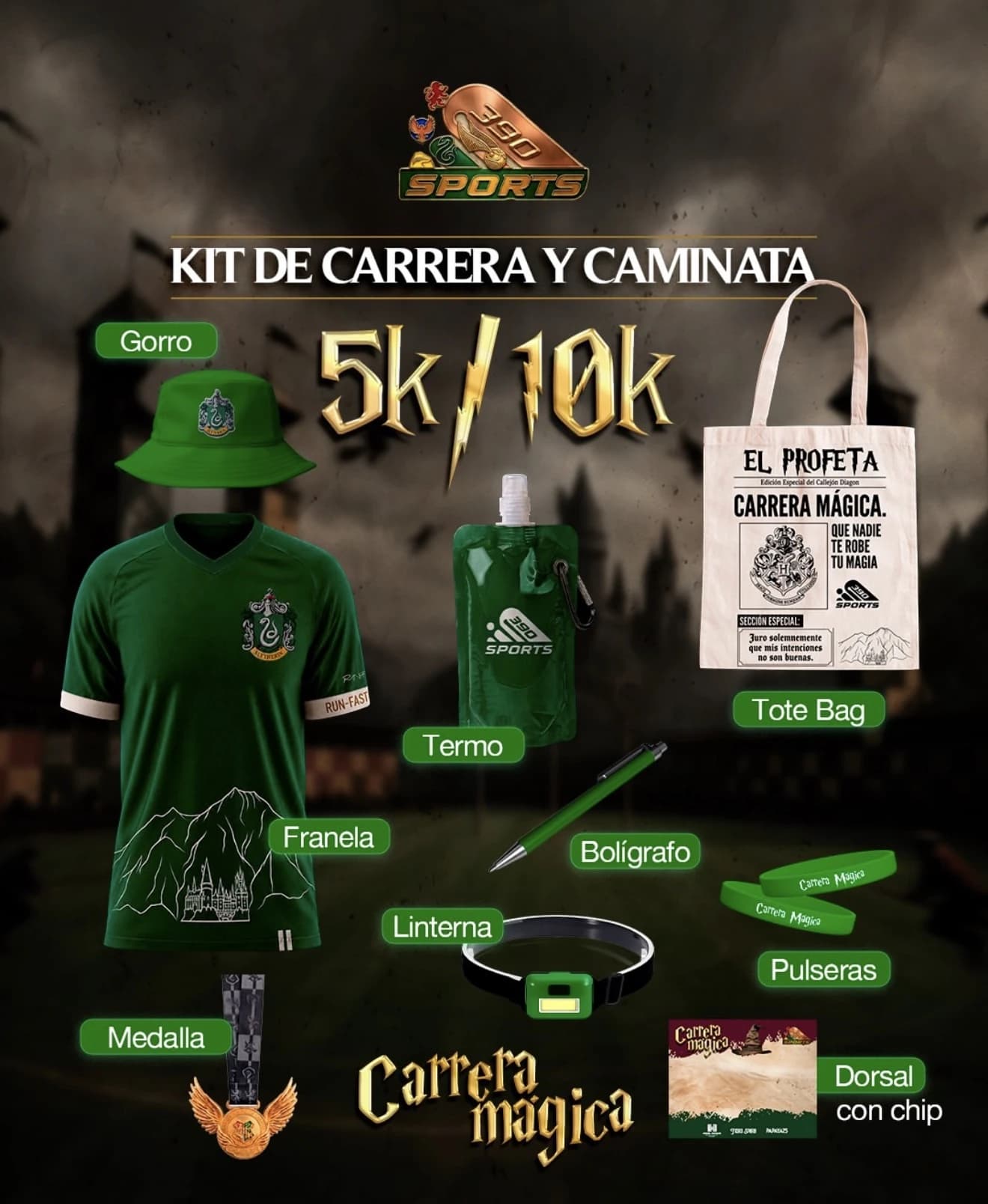 Kit referencial Slytherin: camisa, sombrero, accesorios, medalla y dorsal